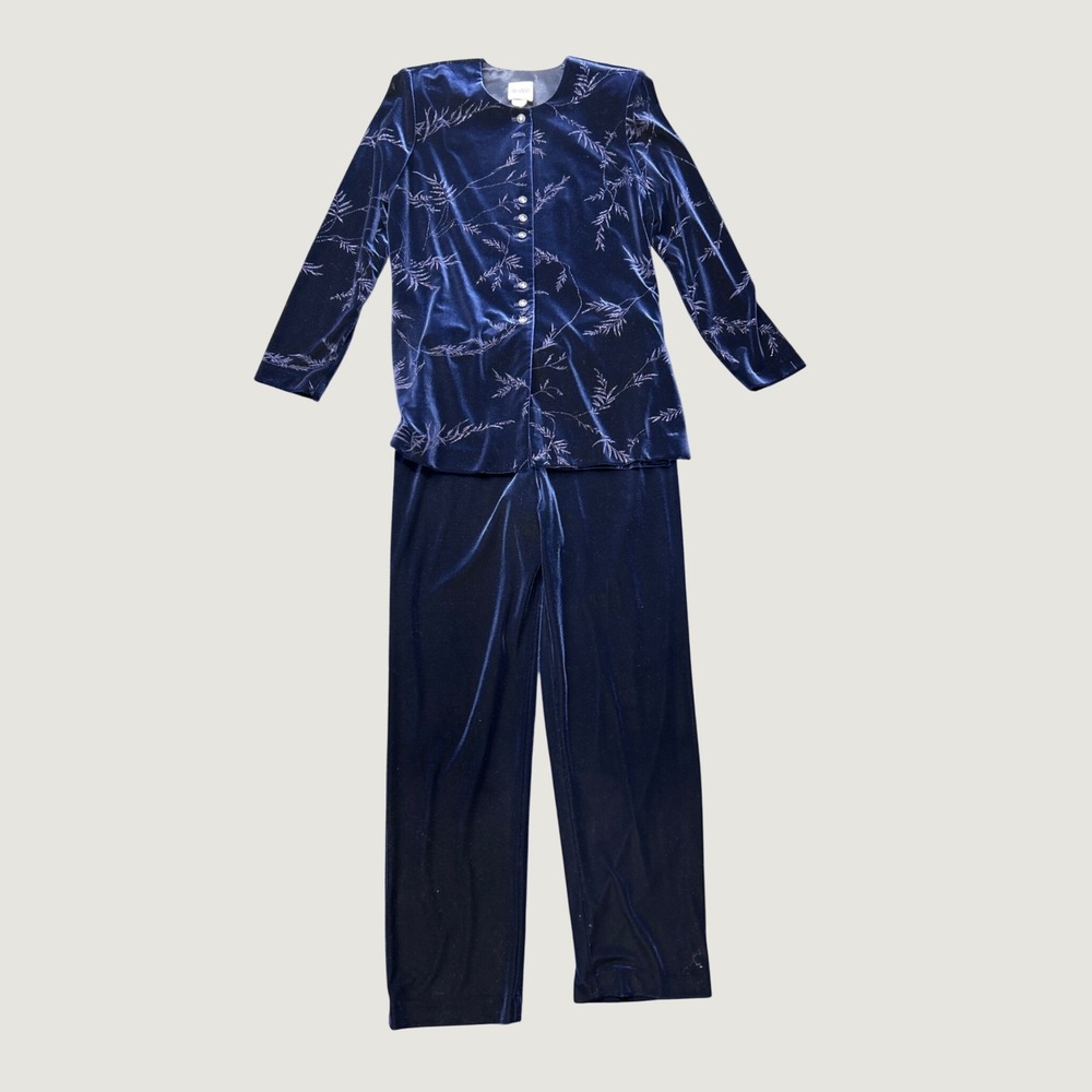 R&M Richards Pant Suit Womens 10 Navy Blue Velvet Glitter Leaf 2pc Set Vintage